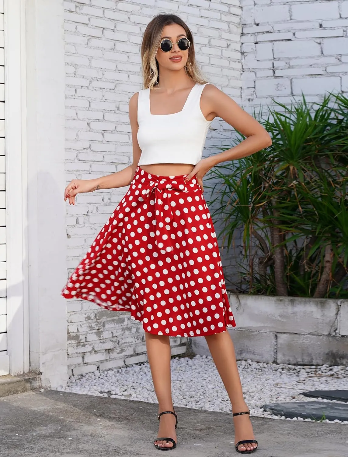 IDOPIP Women 50s Vintage Polka Dot Skirt High Waist A-Line Floral Swing Skirt Summer Elegant Cocktail Flowy Boho Belted Skirt