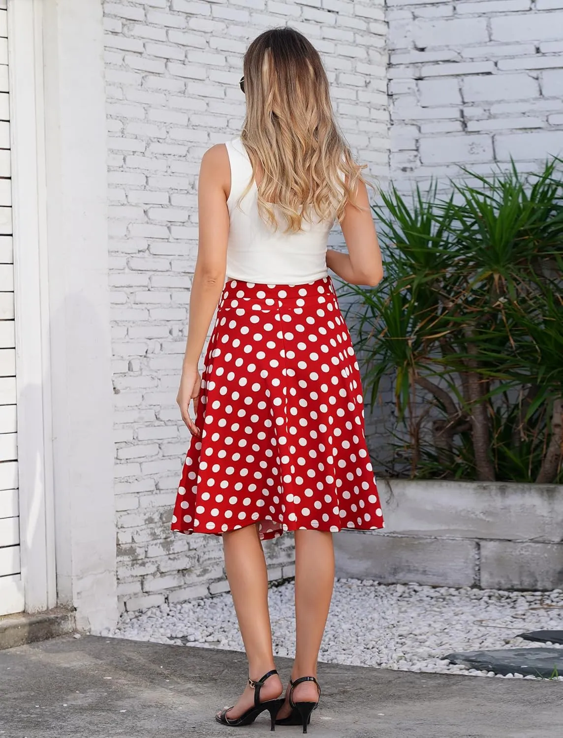 IDOPIP Women 50s Vintage Polka Dot Skirt High Waist A-Line Floral Swing Skirt Summer Elegant Cocktail Flowy Boho Belted Skirt