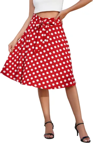 IDOPIP Women 50s Vintage Polka Dot Skirt High Waist A-Line Floral Swing Skirt Summer Elegant Cocktail Flowy Boho Belted Skirt