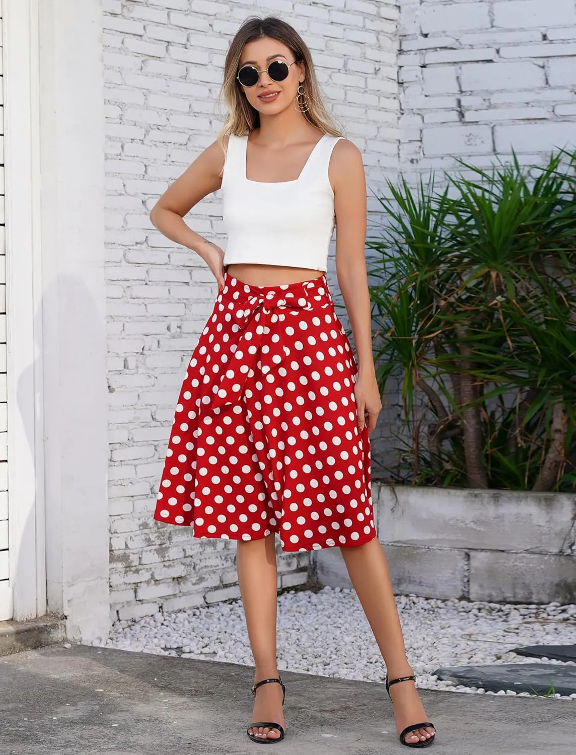 IDOPIP Women 50s Vintage Polka Dot Skirt High Waist A-Line Floral Swing Skirt Summer Elegant Cocktail Flowy Boho Belted Skirt