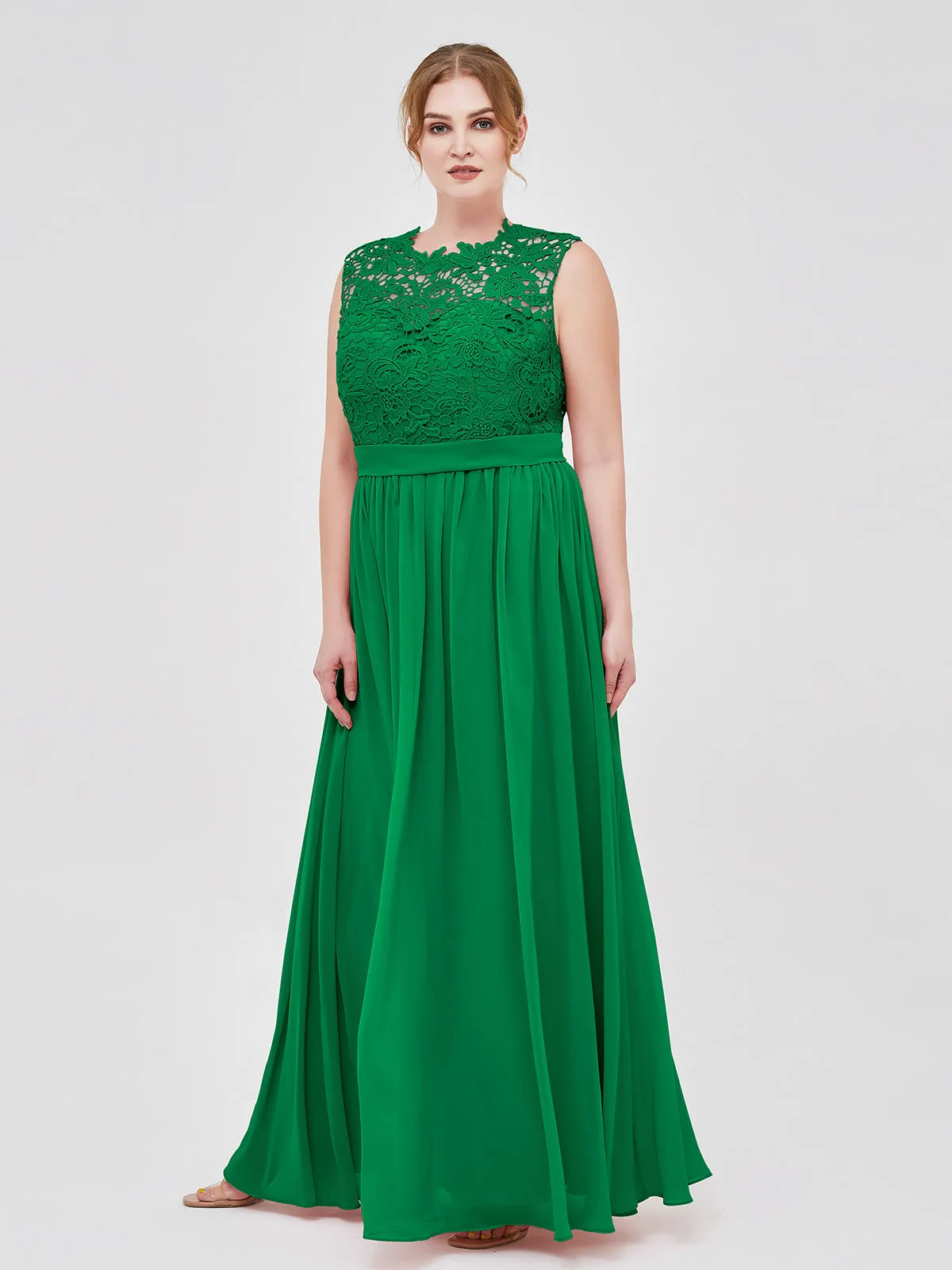 Illusion Neck Chiffon and Lace Dresses Emerald