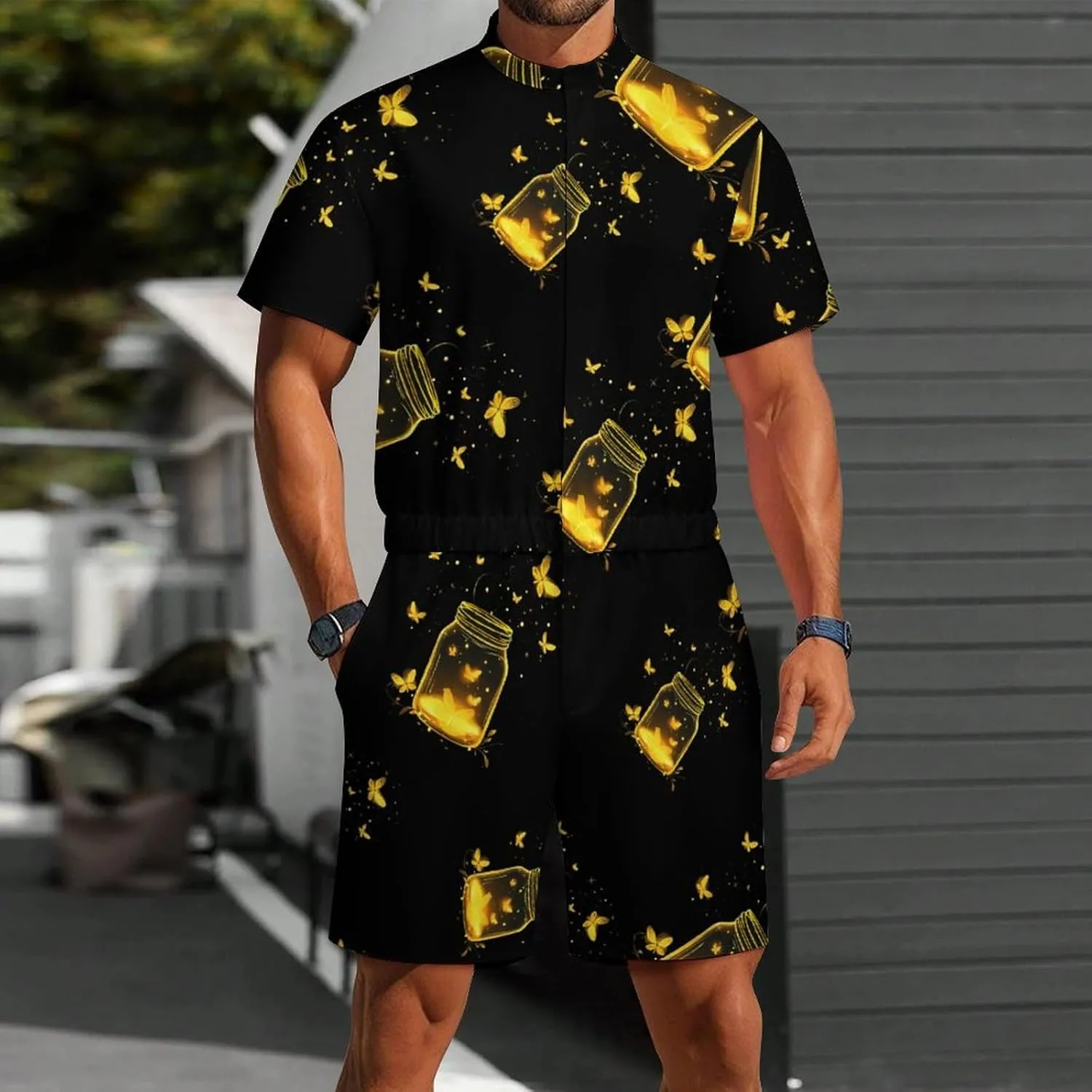 Jar Fireflies Mens Short Sleeve Rompers Printed Slim Fit One Piece Jumpsuit with Pocket