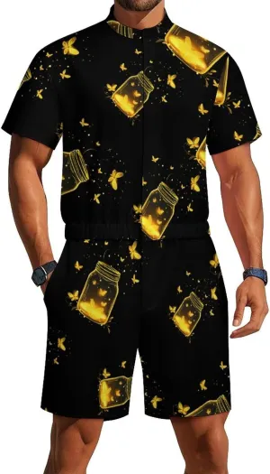 Jar Fireflies Mens Short Sleeve Rompers Printed Slim Fit One Piece Jumpsuit with Pocket