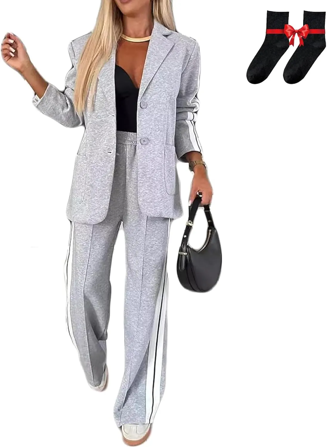 Jasperbelly Women's Lapel Long Sleeve Casual Suit, Jasper Belly Fall Loose Jacket and Wide Leg Pants with Pockets Set