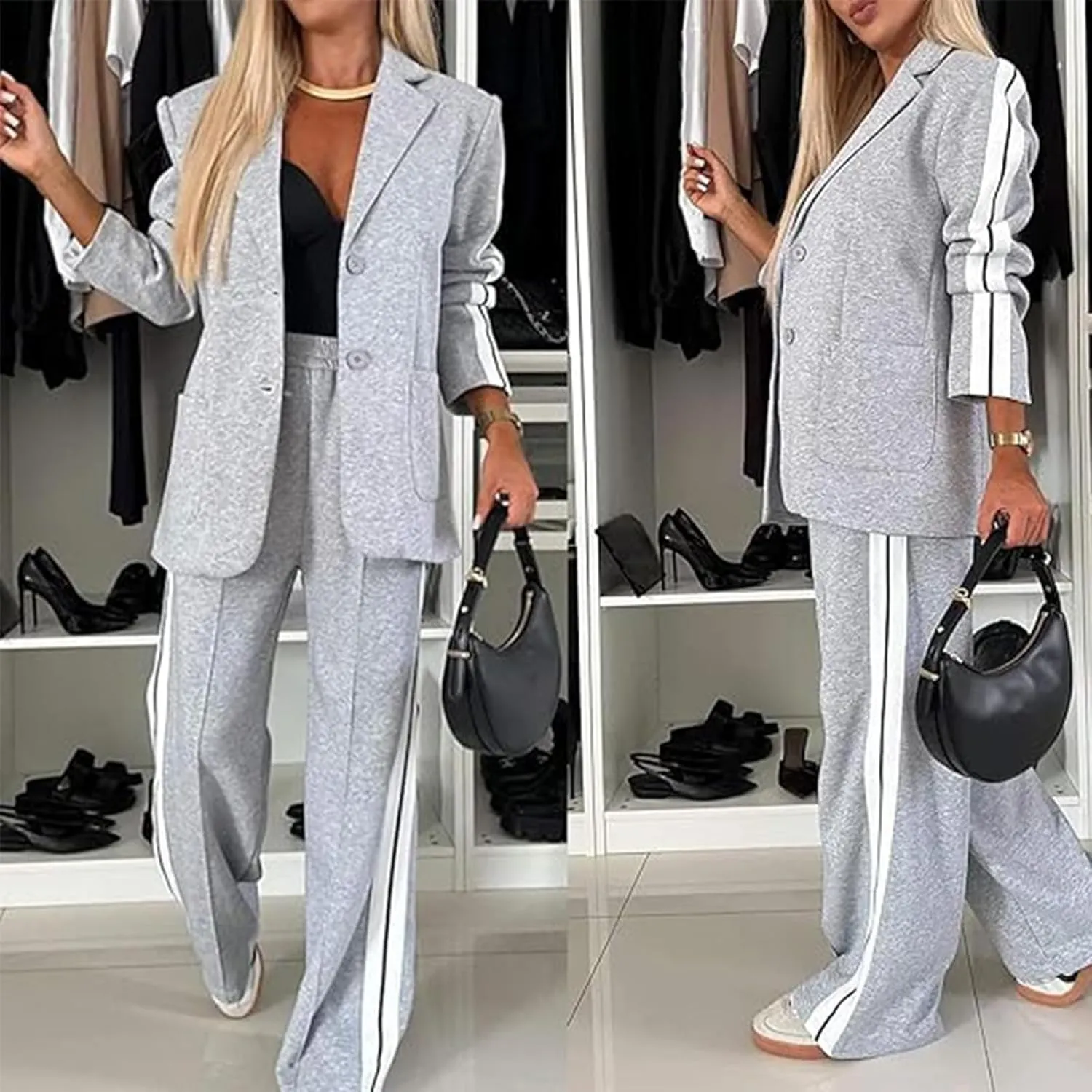 Jasperbelly Women's Lapel Long Sleeve Casual Suit, Jasper Belly Fall Loose Jacket and Wide Leg Pants with Pockets Set