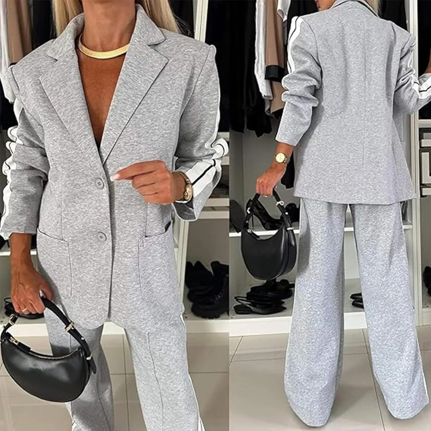 Jasperbelly Women's Lapel Long Sleeve Casual Suit, Jasper Belly Fall Loose Jacket and Wide Leg Pants with Pockets Set