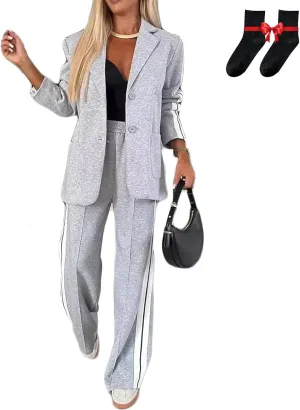 Jasperbelly Women's Lapel Long Sleeve Casual Suit, Jasper Belly Fall Loose Jacket and Wide Leg Pants with Pockets Set