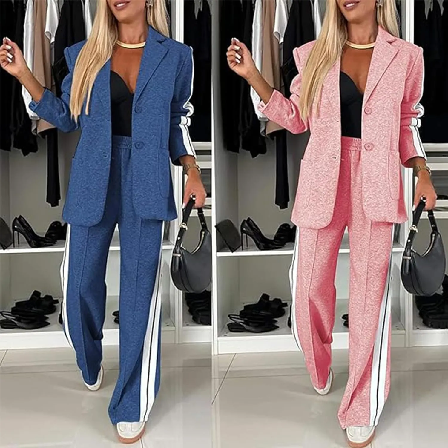 Jasperbelly Women's Lapel Long Sleeve Casual Suit, Jasper Belly Fall Loose Jacket and Wide Leg Pants with Pockets Set