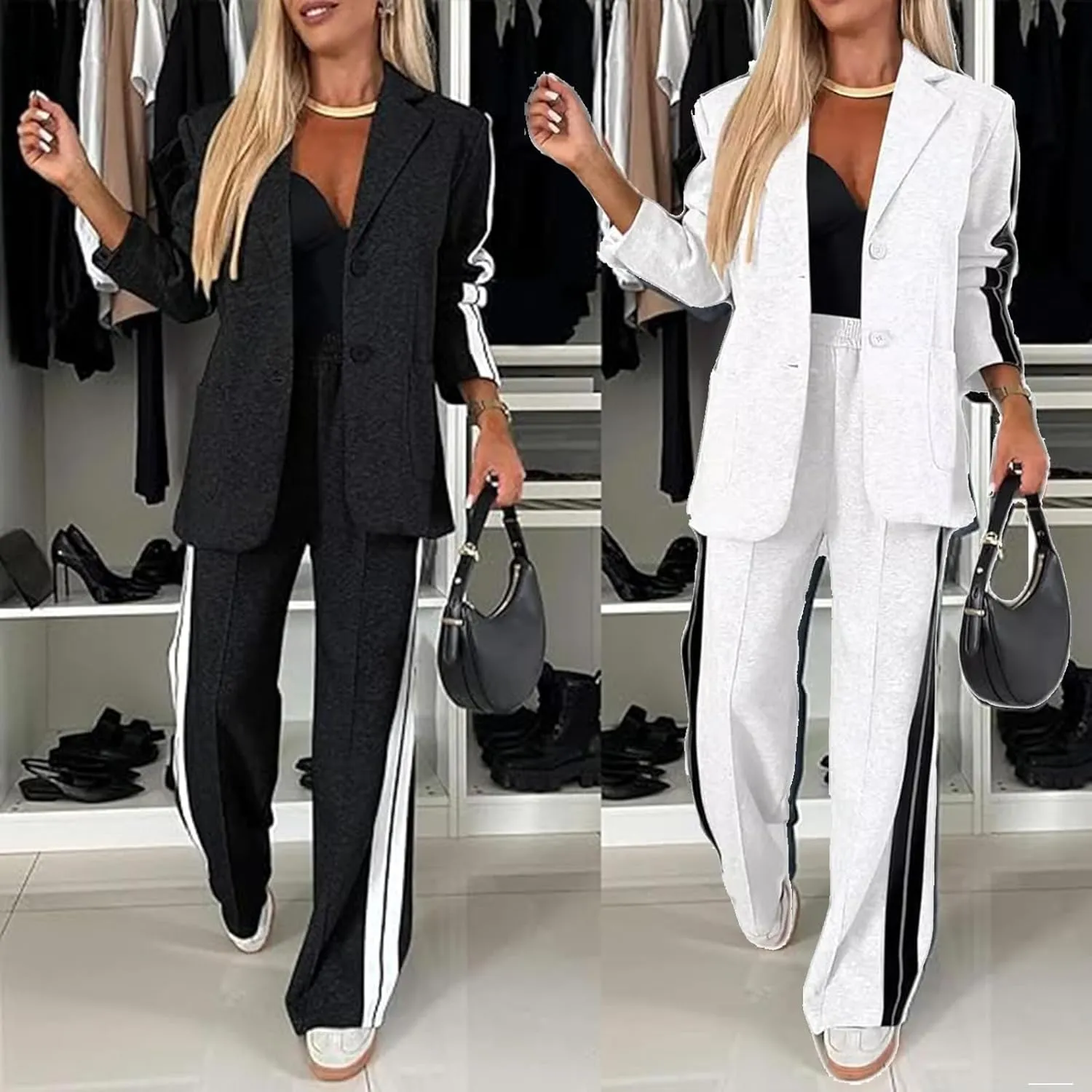 Jasperbelly Women's Lapel Long Sleeve Casual Suit, Jasper Belly Fall Loose Jacket and Wide Leg Pants with Pockets Set