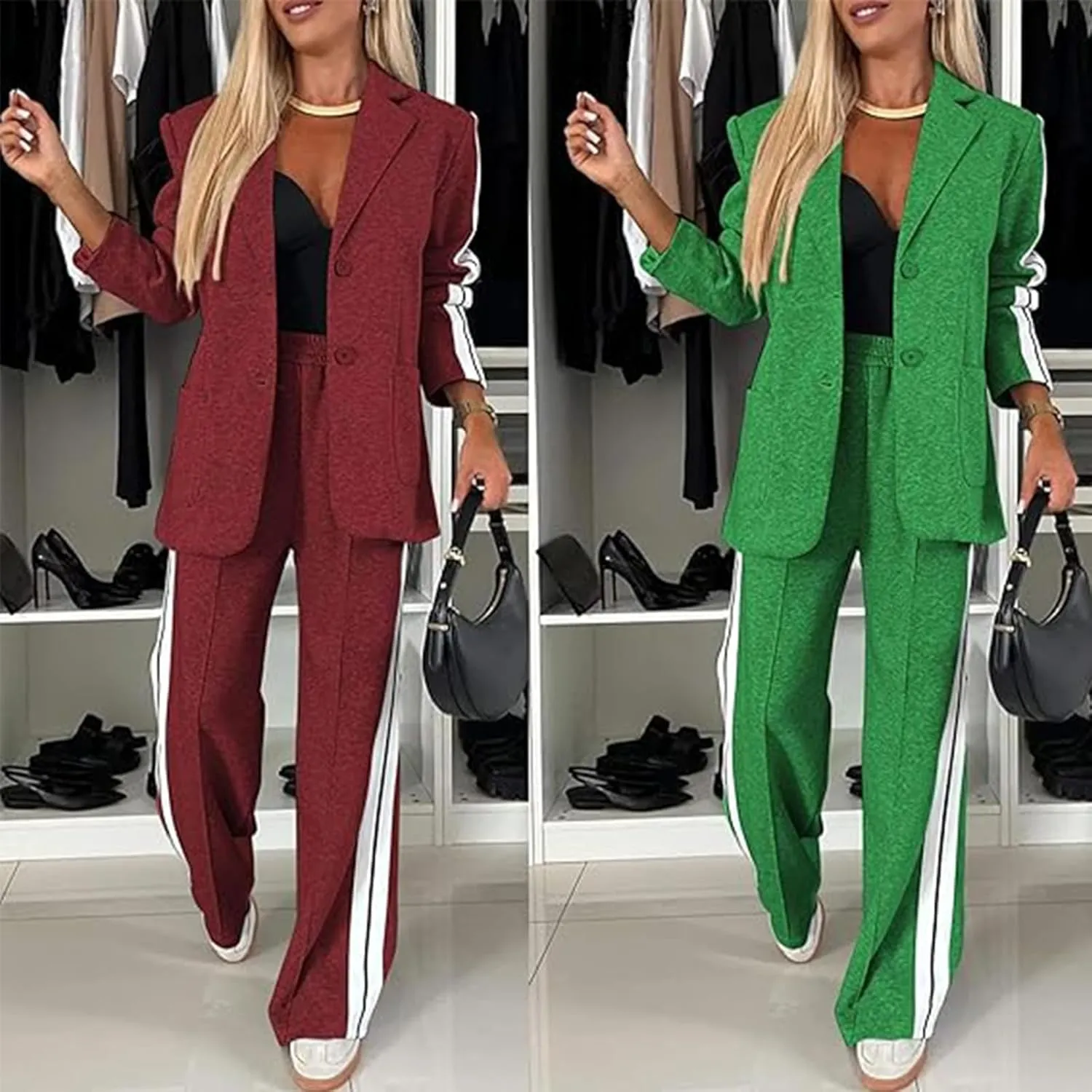 Jasperbelly Women's Lapel Long Sleeve Casual Suit, Jasper Belly Fall Loose Jacket and Wide Leg Pants with Pockets Set