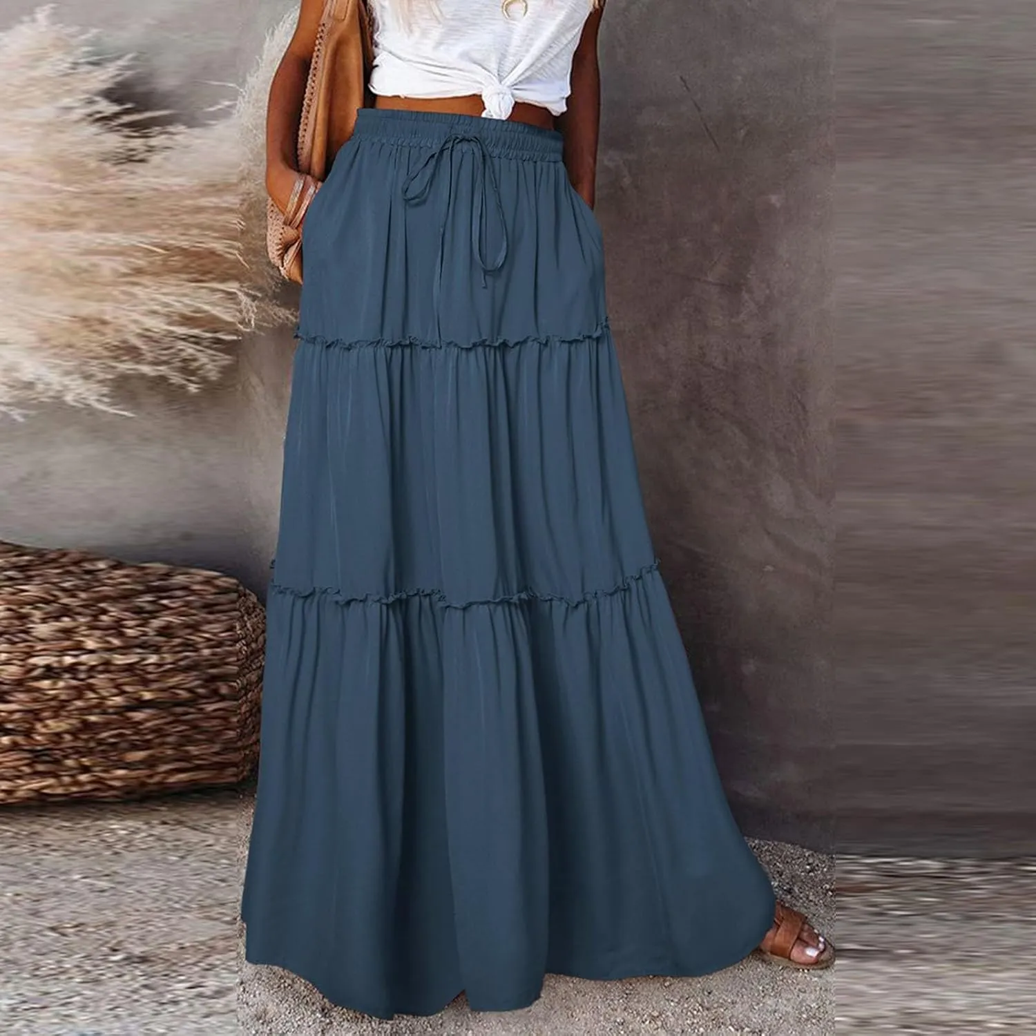 JJHAEVDY Pleated Long Skirts for Women Summer Casual Elastic High Waisted Skirts A-Line Flowy Swing Maxi Skirt with Pockets