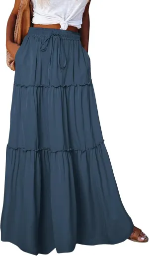 JJHAEVDY Pleated Long Skirts for Women Summer Casual Elastic High Waisted Skirts A-Line Flowy Swing Maxi Skirt with Pockets