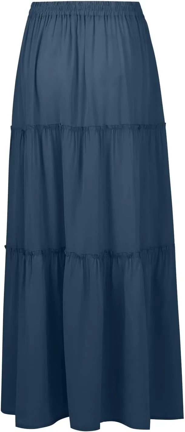 JJHAEVDY Pleated Long Skirts for Women Summer Casual Elastic High Waisted Skirts A-Line Flowy Swing Maxi Skirt with Pockets