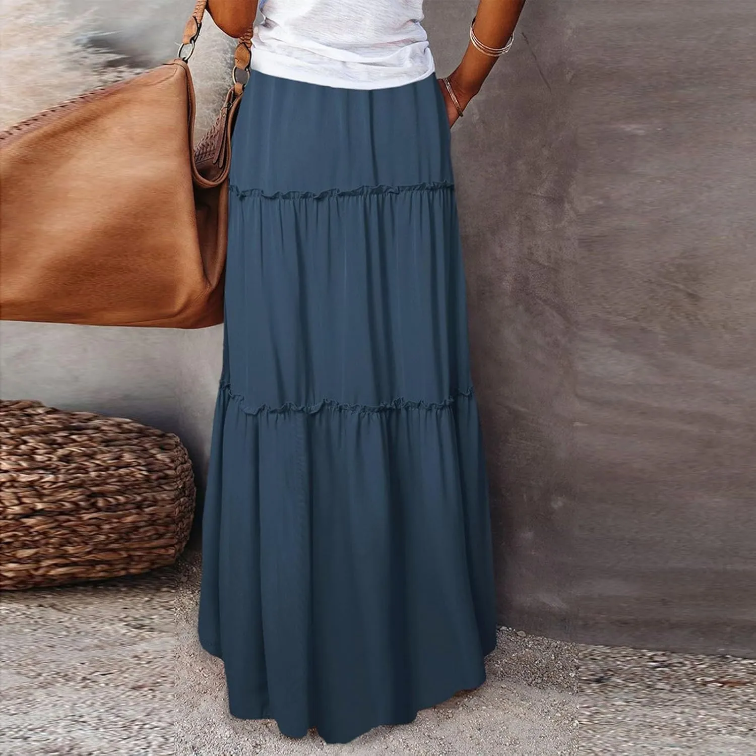 JJHAEVDY Pleated Long Skirts for Women Summer Casual Elastic High Waisted Skirts A-Line Flowy Swing Maxi Skirt with Pockets