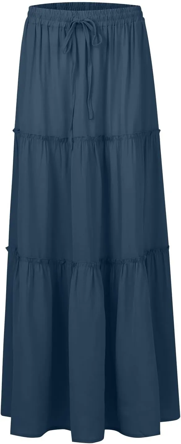 JJHAEVDY Pleated Long Skirts for Women Summer Casual Elastic High Waisted Skirts A-Line Flowy Swing Maxi Skirt with Pockets