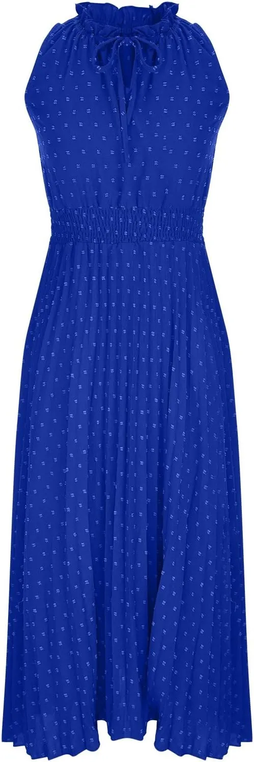 JOAU Women Summer Casual Sleeveless Tank Dress Casual V-Neck Tie Pom Poms Sundress Smocked Waist Flowy Maxi Beach Dresses