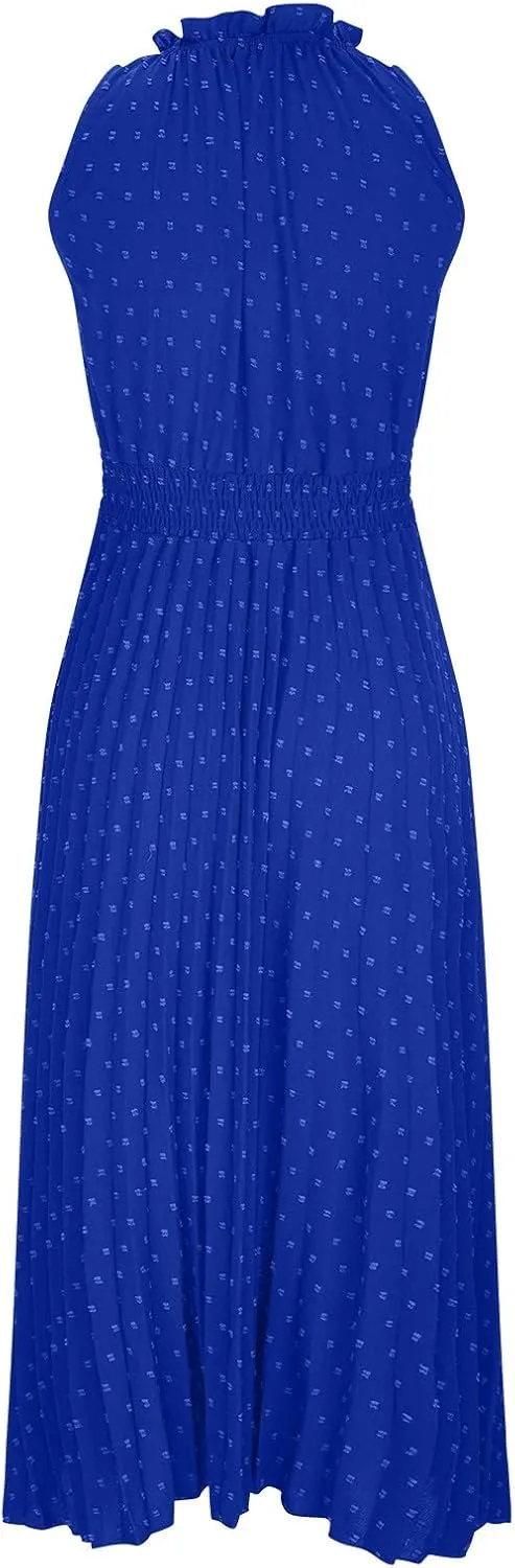JOAU Women Summer Casual Sleeveless Tank Dress Casual V-Neck Tie Pom Poms Sundress Smocked Waist Flowy Maxi Beach Dresses