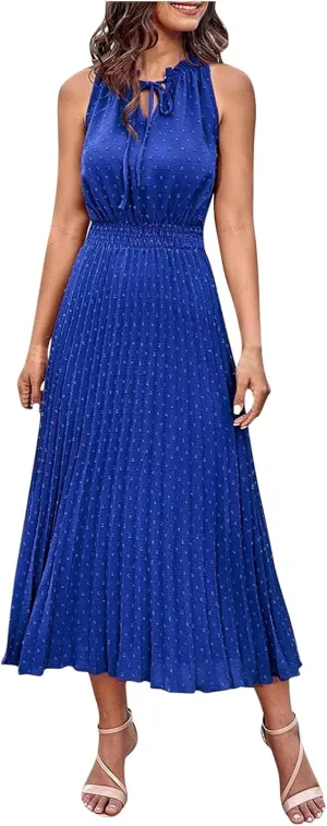 JOAU Women Summer Casual Sleeveless Tank Dress Casual V-Neck Tie Pom Poms Sundress Smocked Waist Flowy Maxi Beach Dresses