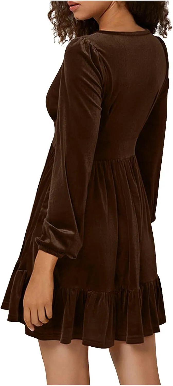 JOAU Women's 2024 Casual Long Sleeve Velvet Dresses Sexy Deep V Neck Ruffle Hem Empire Waist A Line Flowy Short Mini Dress