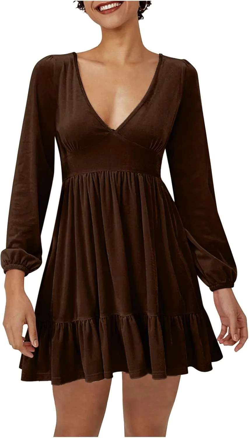 JOAU Women's 2024 Casual Long Sleeve Velvet Dresses Sexy Deep V Neck Ruffle Hem Empire Waist A Line Flowy Short Mini Dress