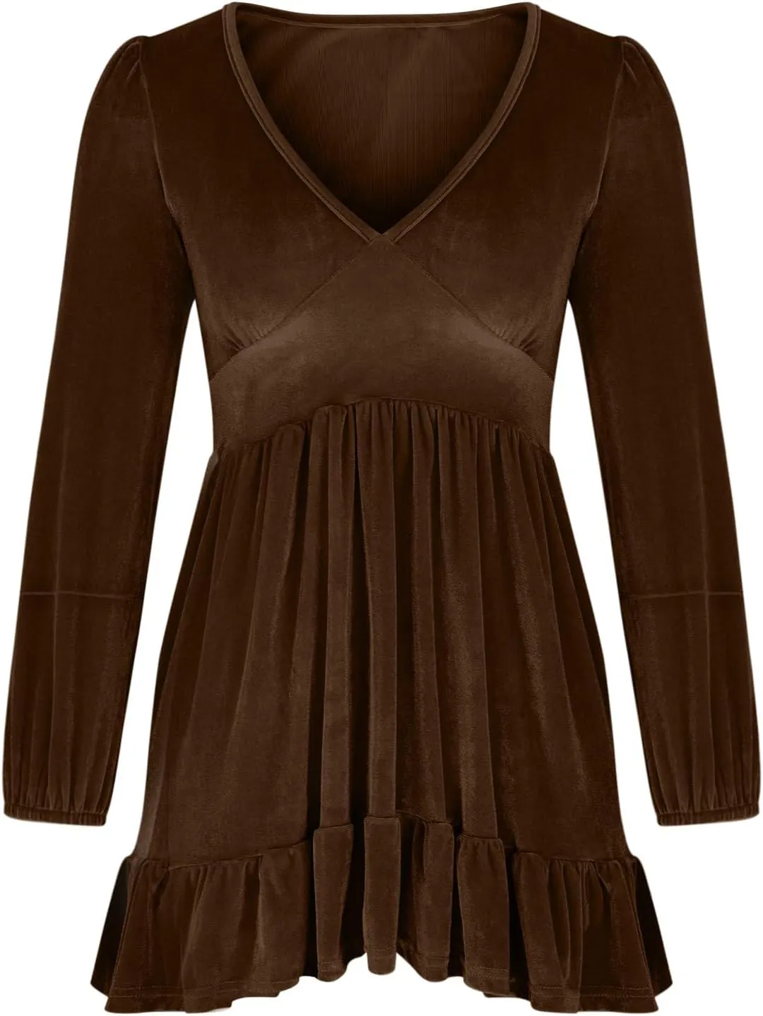 JOAU Women's 2024 Casual Long Sleeve Velvet Dresses Sexy Deep V Neck Ruffle Hem Empire Waist A Line Flowy Short Mini Dress