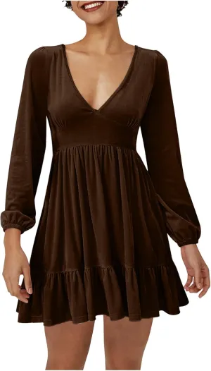 JOAU Women's 2024 Casual Long Sleeve Velvet Dresses Sexy Deep V Neck Ruffle Hem Empire Waist A Line Flowy Short Mini Dress