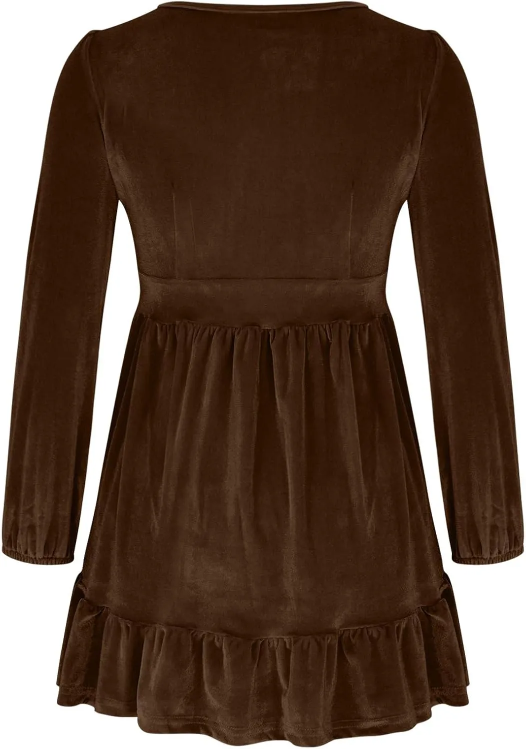 JOAU Women's 2024 Casual Long Sleeve Velvet Dresses Sexy Deep V Neck Ruffle Hem Empire Waist A Line Flowy Short Mini Dress
