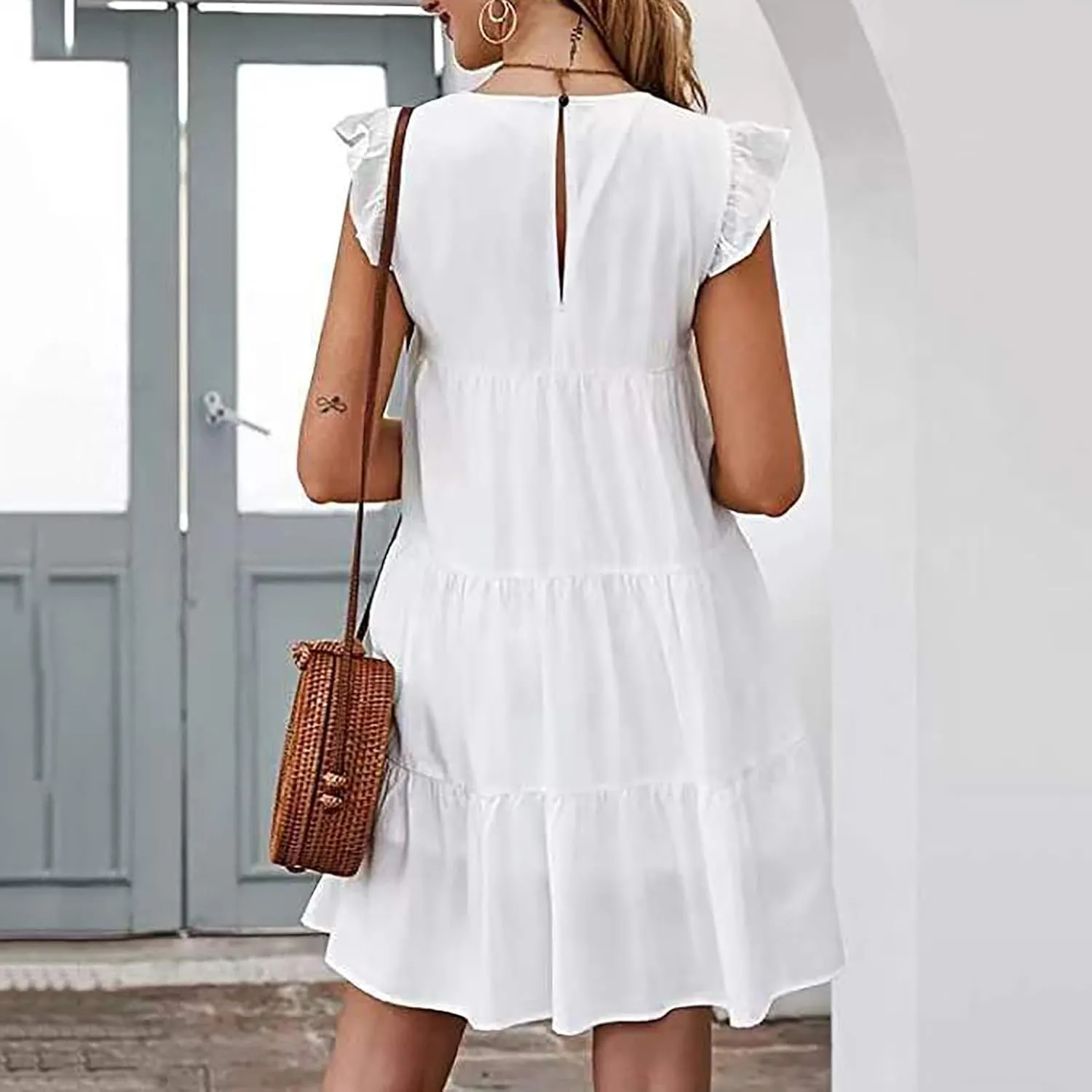 JOAU Women's 2024 Summer Casual Dresses Ruffle Cap Sleeve Crew Neck Loose Fit Sundress Flowy Tiered Swing Beach Mini Dress
