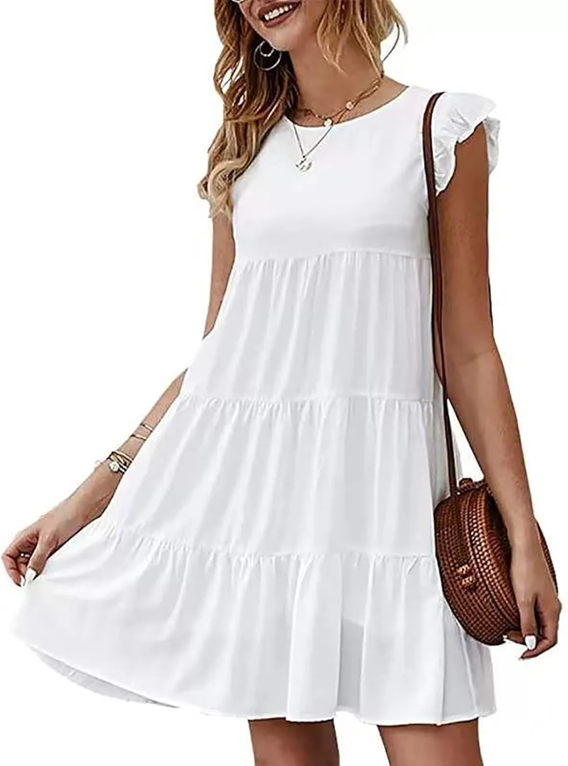 JOAU Women's 2024 Summer Casual Dresses Ruffle Cap Sleeve Crew Neck Loose Fit Sundress Flowy Tiered Swing Beach Mini Dress