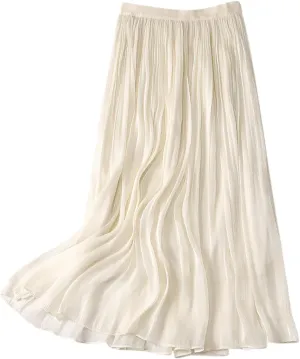 JOAU Women's Summer High Waist Pleated Skirt Casual Swing A-line Midi Skirts Lightweight Double Layered Flowy Beach Skirt