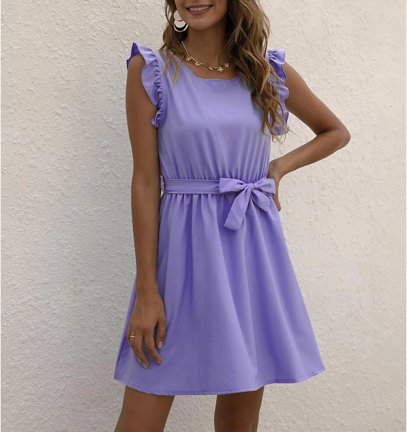 JOAU Womens Summer Ruffle Shoulder Straps Dress Crew Neck Sleeveless Elastic High Waist A-Line Swing Mini Dresses with Belt