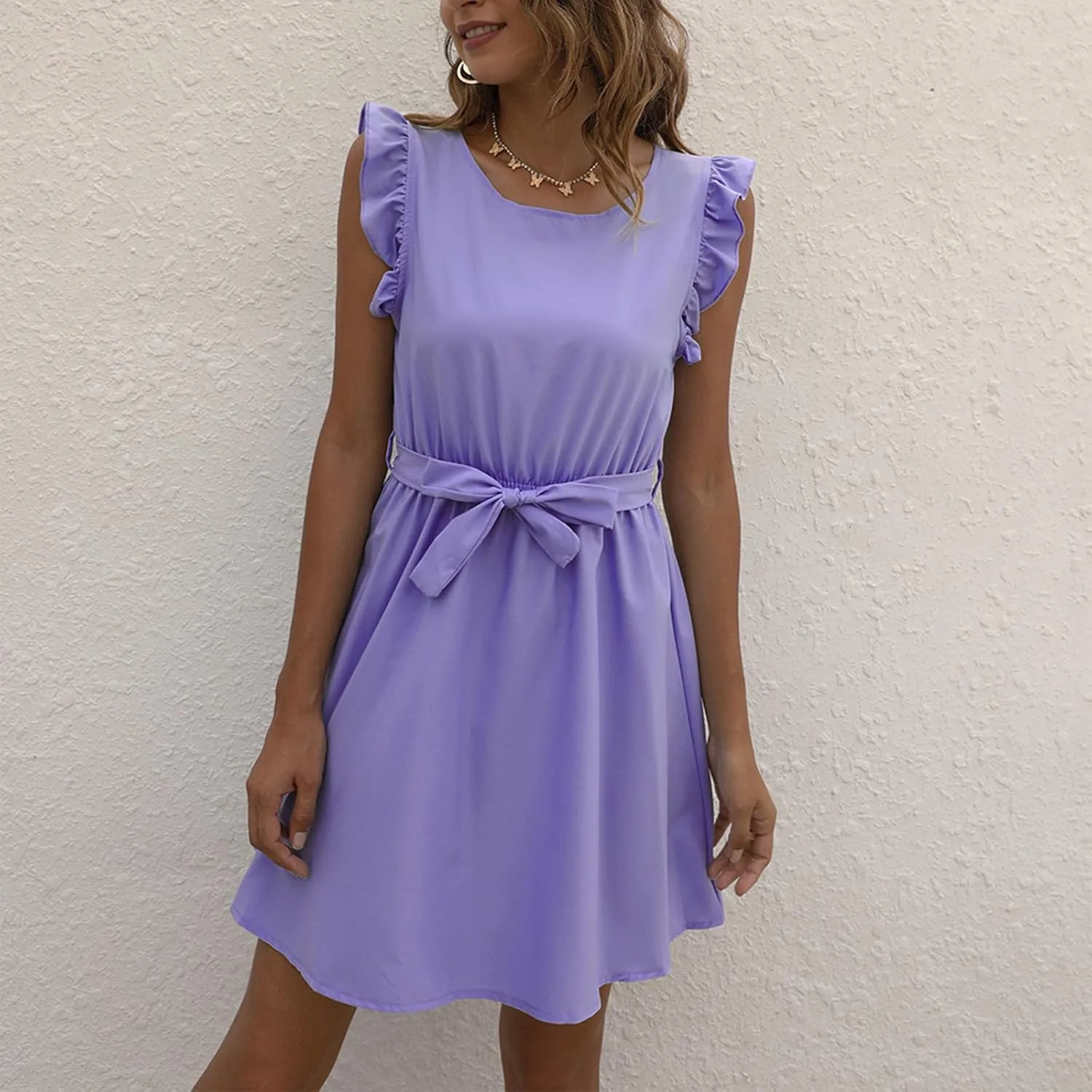JOAU Womens Summer Ruffle Shoulder Straps Dress Crew Neck Sleeveless Elastic High Waist A-Line Swing Mini Dresses with Belt