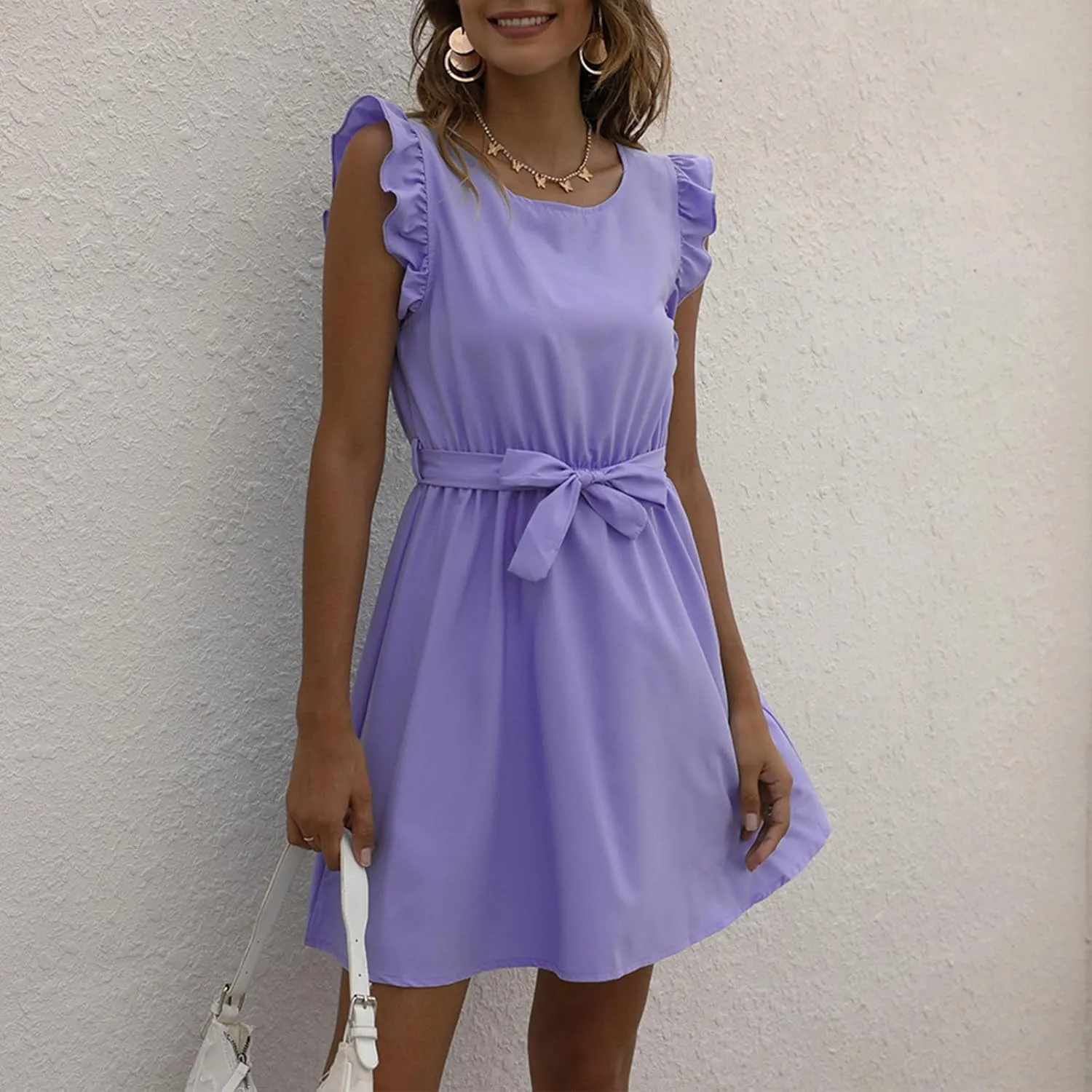 JOAU Womens Summer Ruffle Shoulder Straps Dress Crew Neck Sleeveless Elastic High Waist A-Line Swing Mini Dresses with Belt