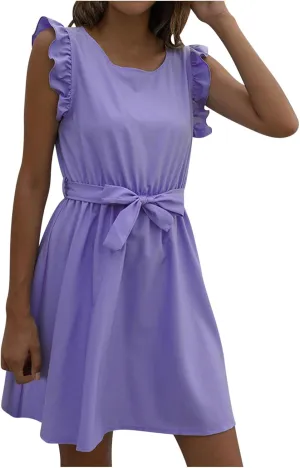 JOAU Womens Summer Ruffle Shoulder Straps Dress Crew Neck Sleeveless Elastic High Waist A-Line Swing Mini Dresses with Belt