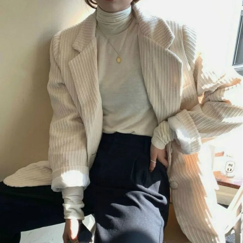 Joskaa Christmas Gift Blazers Women New Retro Corduroy Loose Fashion Lady Tops Plus Size Solid White Elegant Ulzzang Vintage Chic Casual Coat Spring