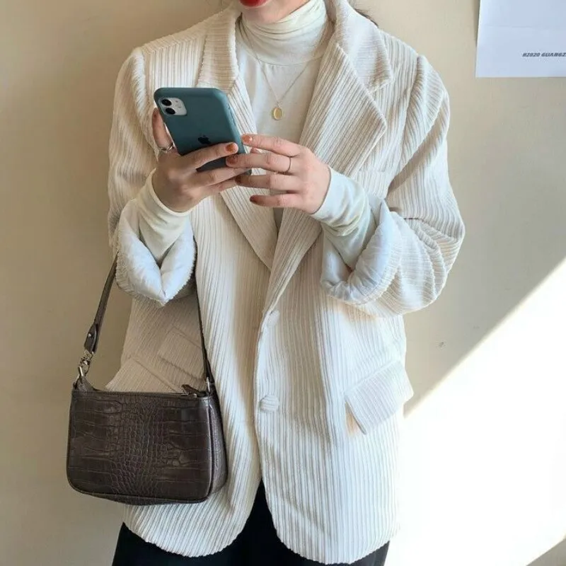 Joskaa Christmas Gift Blazers Women New Retro Corduroy Loose Fashion Lady Tops Plus Size Solid White Elegant Ulzzang Vintage Chic Casual Coat Spring