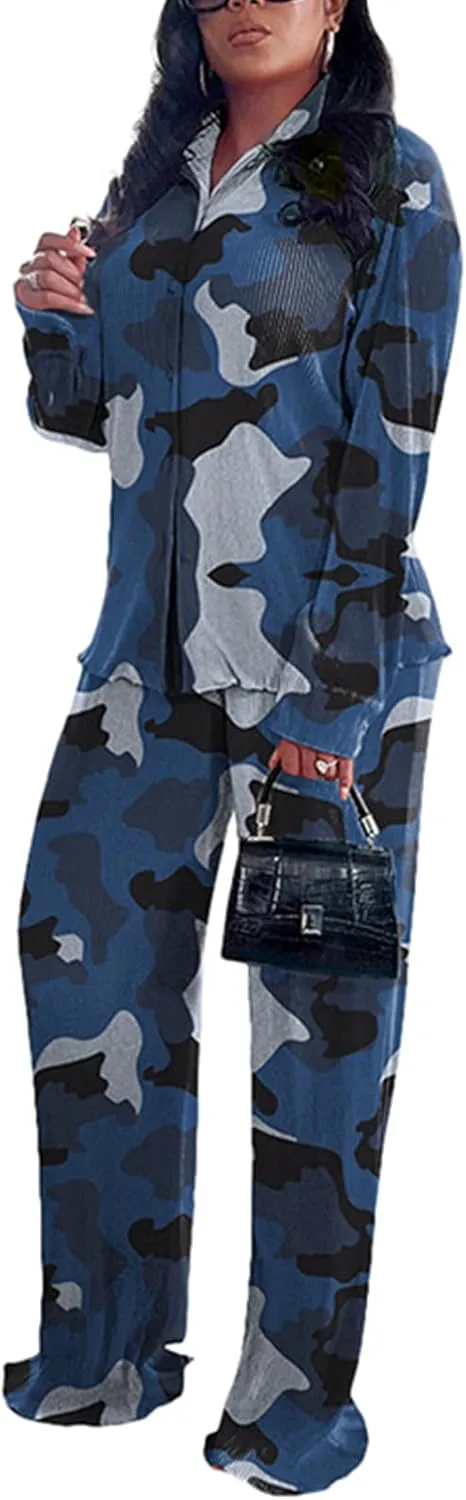 kaimimei Casual 2 Piece Outfit for Women - Linen Long Sleeve Button Down Shirt   Flare Pleated Wide Leg Pants Sets Streetwear