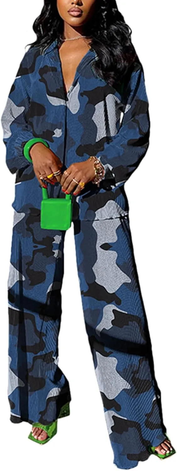 kaimimei Casual 2 Piece Outfit for Women - Linen Long Sleeve Button Down Shirt   Flare Pleated Wide Leg Pants Sets Streetwear
