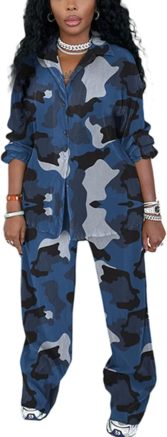 kaimimei Casual 2 Piece Outfit for Women - Linen Long Sleeve Button Down Shirt   Flare Pleated Wide Leg Pants Sets Streetwear
