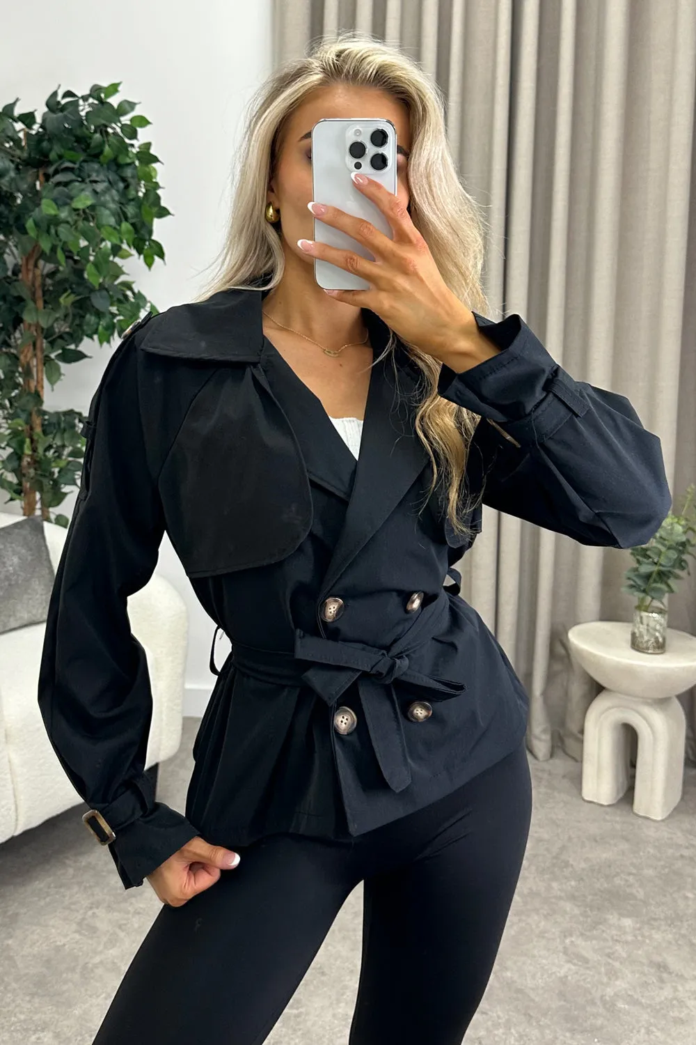 Karlie Black Button Up Belted Trench Jacket