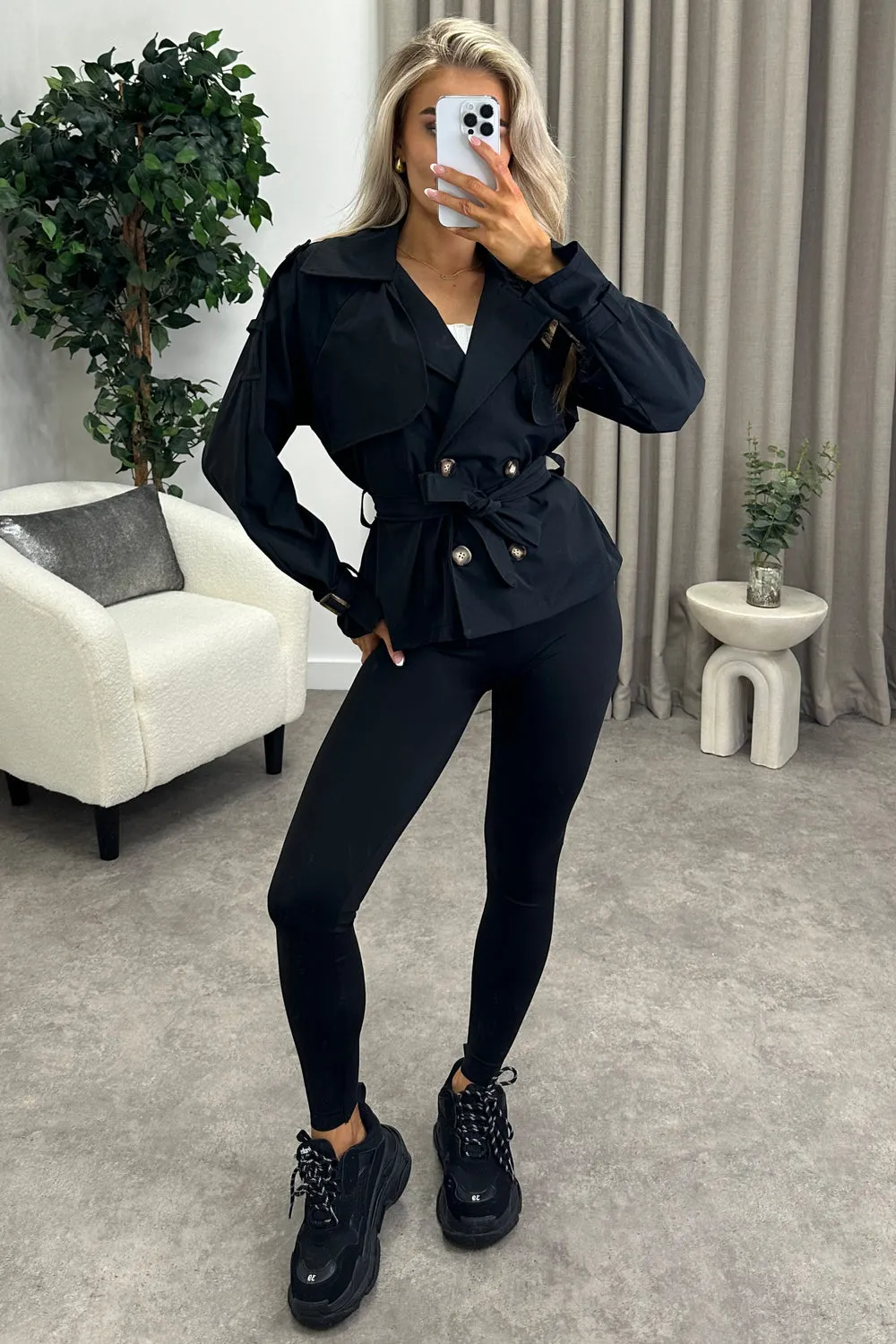Karlie Black Button Up Belted Trench Jacket