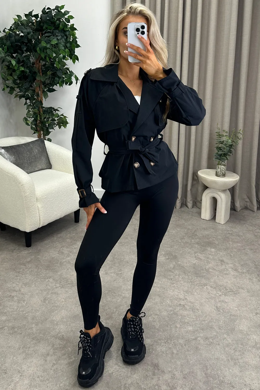 Karlie Black Button Up Belted Trench Jacket
