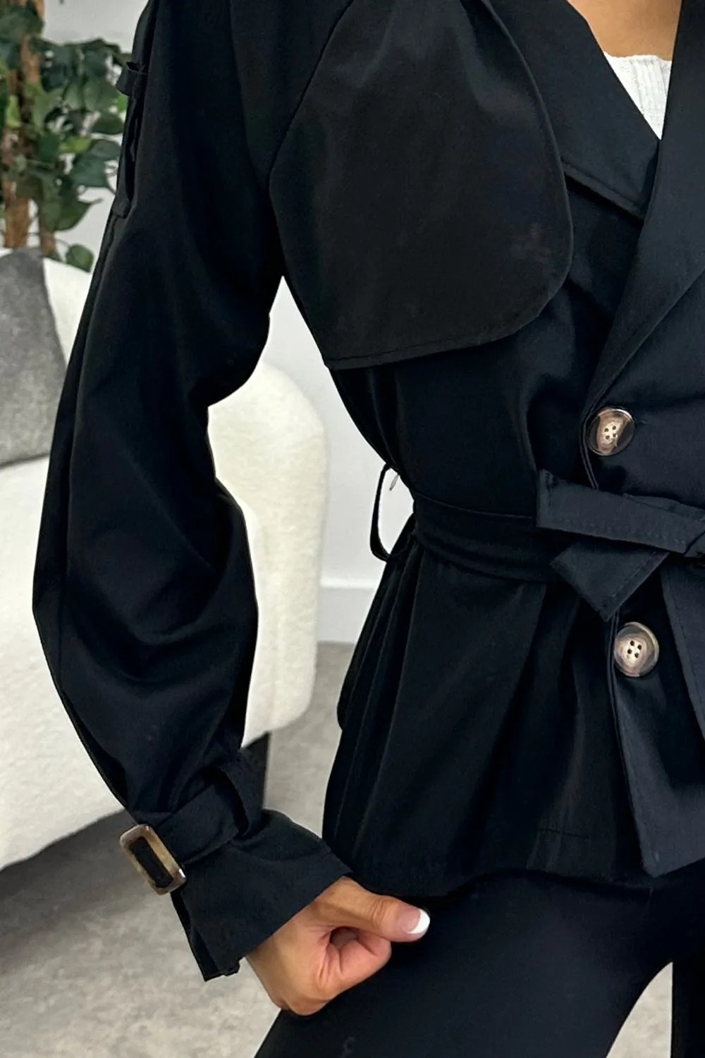 Karlie Black Button Up Belted Trench Jacket