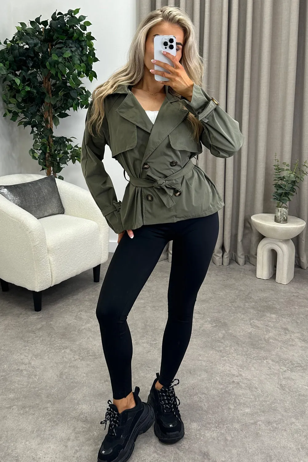 Karlie Khaki Button Up Belted Trench Jacket