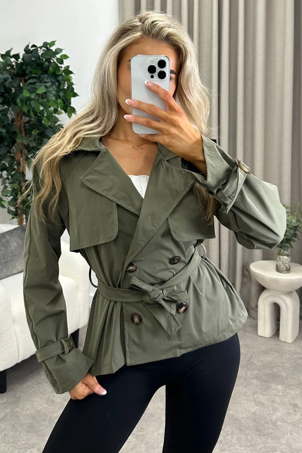 Karlie Khaki Button Up Belted Trench Jacket