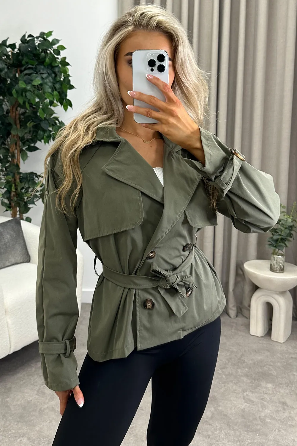 Karlie Khaki Button Up Belted Trench Jacket