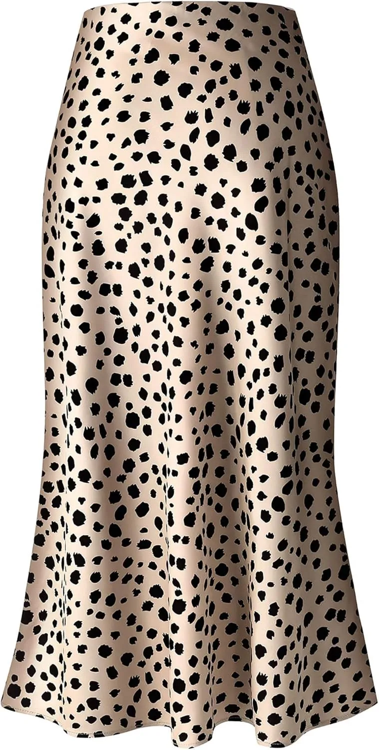 Keasmto Leopard Print Skirt for Women Cheetah High Waist Silk Satin Elasticized Skirts