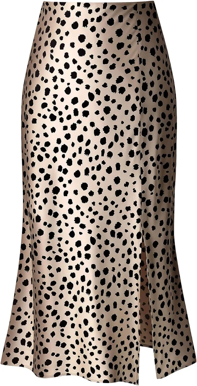 Keasmto Leopard Print Skirt for Women Cheetah High Waist Silk Satin Elasticized Skirts