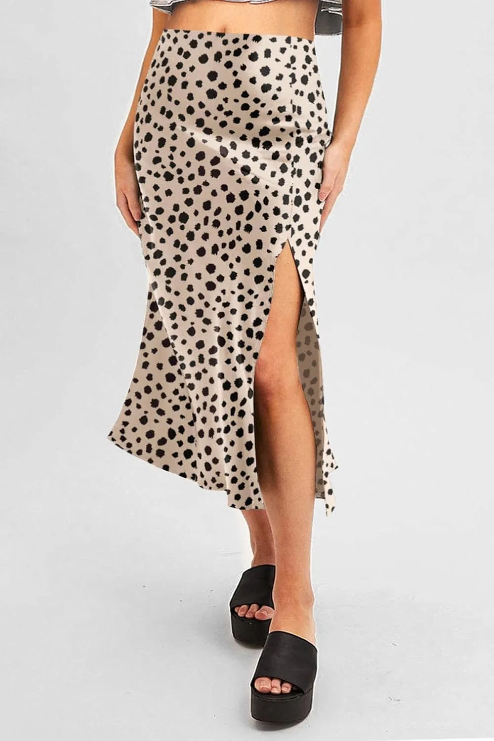 Keasmto Leopard Print Skirt for Women Cheetah High Waist Silk Satin Elasticized Skirts