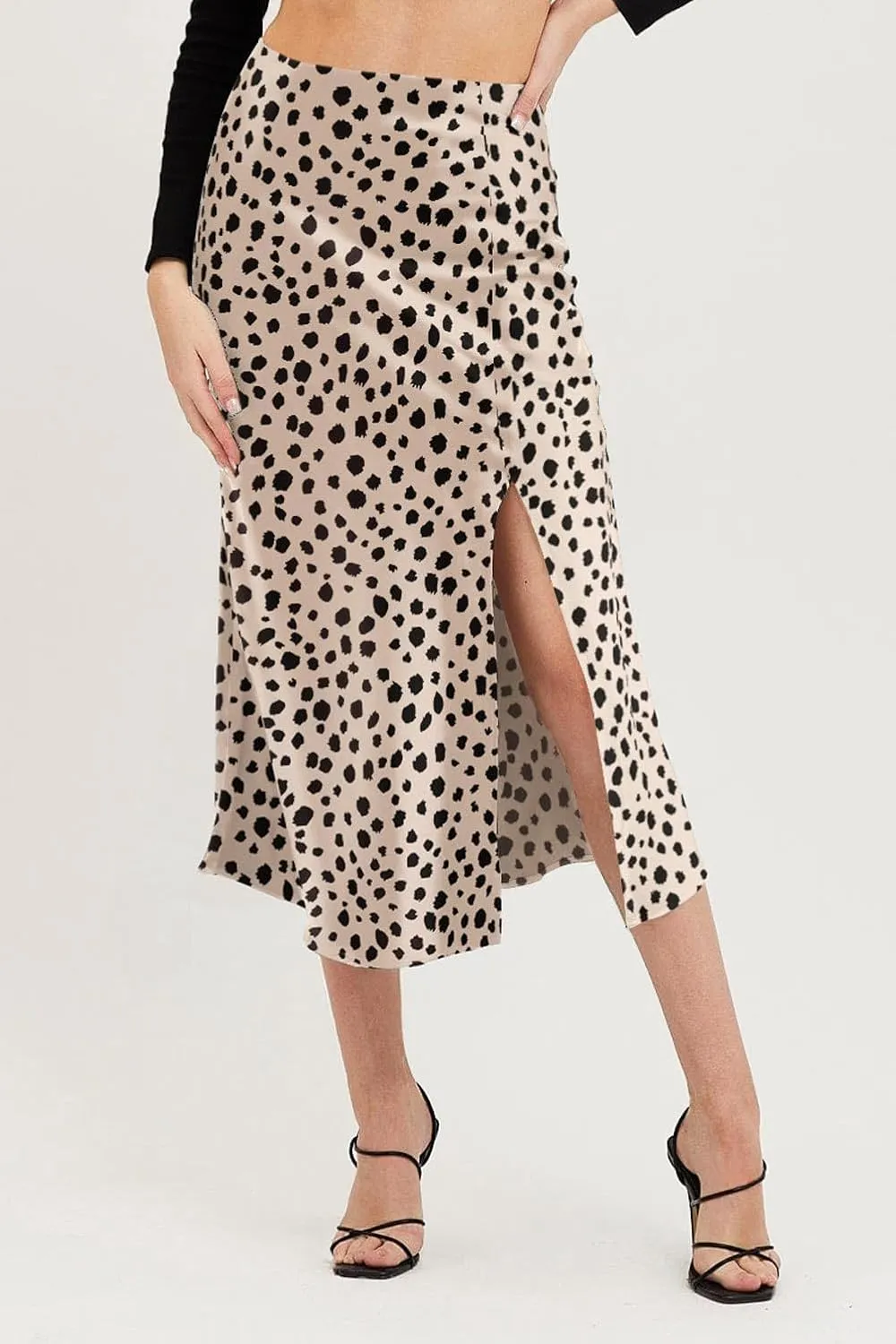 Keasmto Leopard Print Skirt for Women Cheetah High Waist Silk Satin Elasticized Skirts